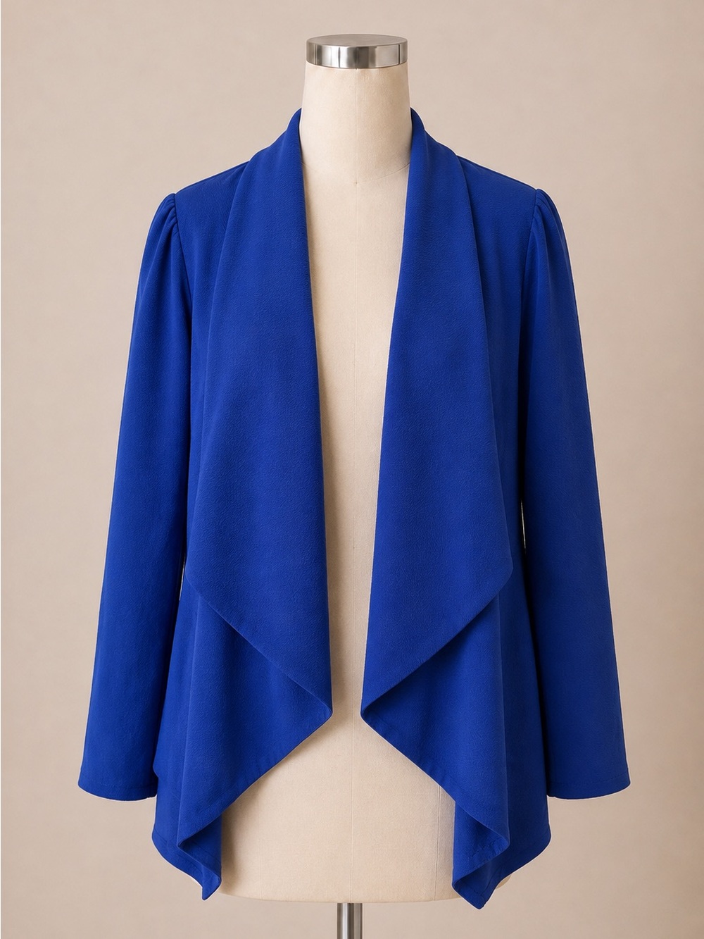 MOA Collection Royal Blue Open Front Waterfall Blazer Jacket Draped Collar